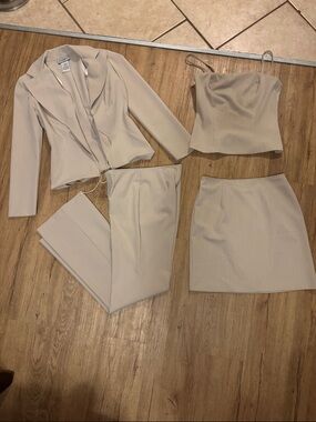 Beige Women's Tailored Trouser Set - Blazer, Pants, Skirt & Corset Top